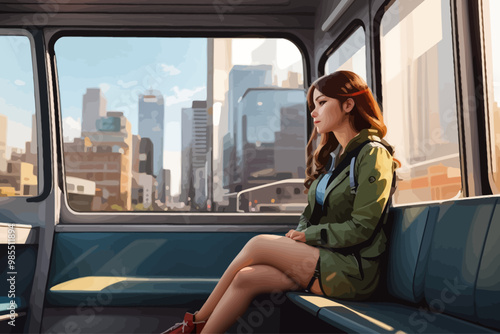 woman sitting in a window seat in a moving train watching mountains from the window