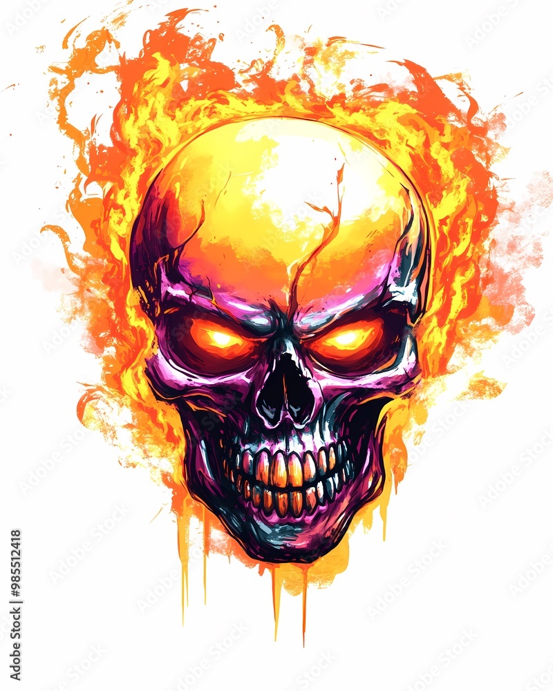Fototapeta premium Punk-inspired skull illustration with hollow eyes and nose cavities emitting an intense orange glow, set against a plain white background.