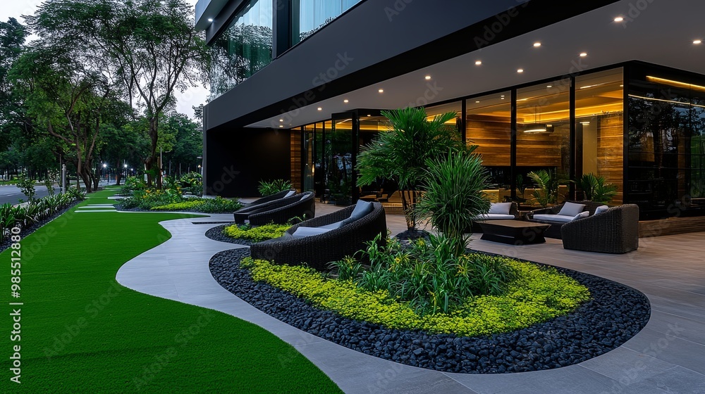 Modern Landscape Design with Lush Greenery and Seating Modern Landscape Design with Lush Greenery and Seating