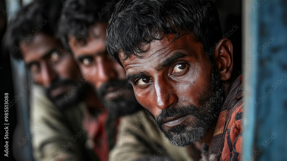 laborers waiting outside a factory, their faces reflecting hopelessness and anxiety laborers waiting outside a factory, their faces reflecting hopelessness and anxiety