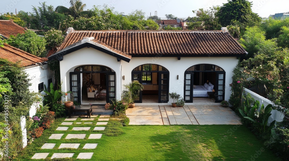 House white wall. a black roof with tiles, white arched windows, a tiled floor with green grass and stone paths, and is decorated with plants and flowers. House white wall. a black roof with tiles, white arched windows, a tiled floor with green grass and stone paths, and is decorated with plants and flowers.