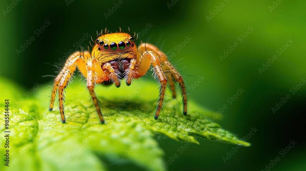 A close-up of a vibrant yellow spider perched on a green leaf, showcasing its intricate details and textures in nature. A close-up of a vibrant yellow spider perched on a green leaf, showcasing its intricate details and textures in nature.