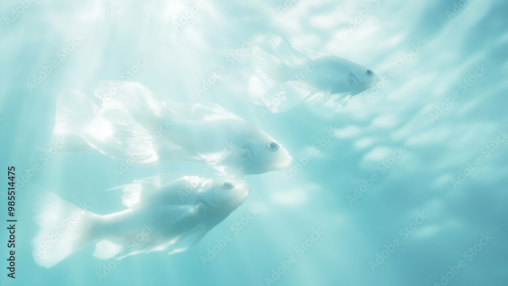 Naklejka premium Mystical Blue: Fishes in a Dreamlike Underwater Scene