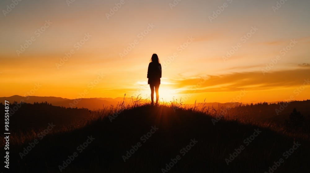A person standing on a hilltop at sunset, silhouetted against a vibrant sky in warm hues of orange and gold. A person standing on a hilltop at sunset, silhouetted against a vibrant sky in warm hues of orange and gold.