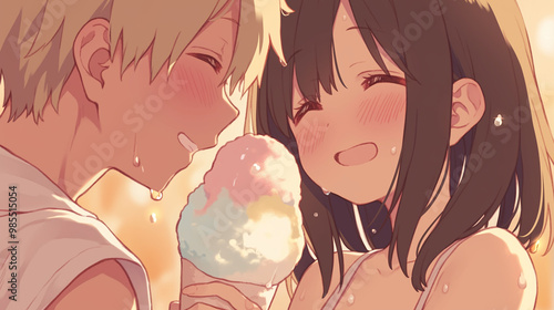 Cute Anime Couple Sharing Ice Cream - Romantic Illustration