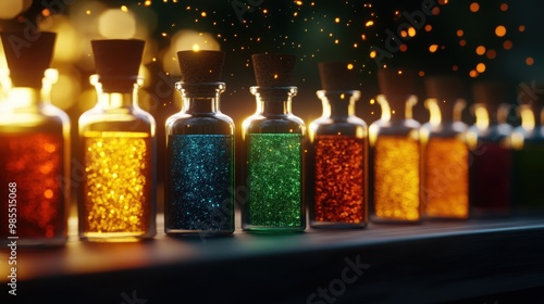 A stunning array of colorful bottles filled with sparkling liquid, creating a visually captivating and enchanting atmosphere.