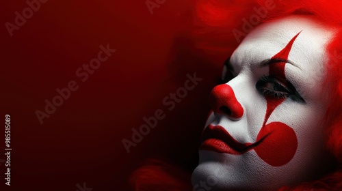 A striking close-up of a clown's face, featuring bold colors and intricate makeup against a dramatic red background. photo