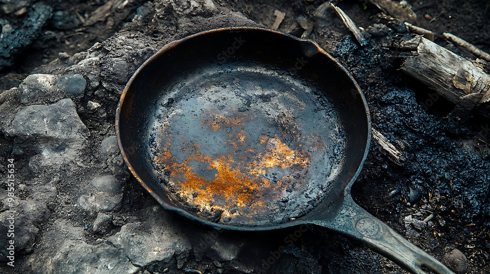 Battered and aged pan with char marks, showing years of use outdoors. Battered and aged pan with char marks, showing years of use outdoors.