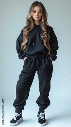 Stylish Woman in Black Hoodie and Sweatpants  Casual Fashion  Streetwear