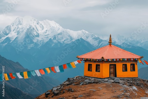 Ancient Tibetan monastery perched on a mountain, prayer flags symbolizing hope and perseverance, Tibetan temple, perseverance symbolism, Realistic Photo captured with Sony A70 III