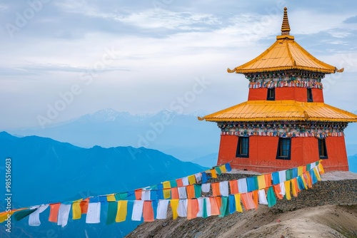 Ancient Tibetan monastery perched on a mountain, prayer flags symbolizing hope and perseverance, Tibetan temple, perseverance symbolism, Realistic Photo captured with Sony A70 III