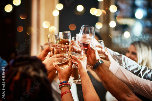 Tableau sur toile Cheers, alcohol and hands of people in club for party at night for celebration, birthday or fun