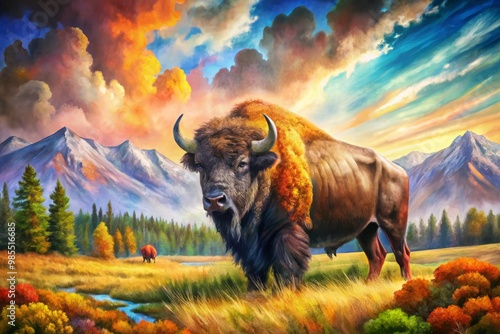 Majestic Watercolor Bison in Nature - Vibrant Animal Art for Wildlife and Landscape Themes photo