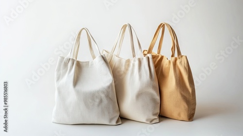 Set of three cotton eco bags isolated on a white background, mockup for sustainable shopping and eco-friendly lifestyle.