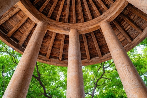 Circular temple made of wood and stone, with symbols of unity and infinity, circular architecture, unity symbolism, Realistic Photo captured with Sony A70 III photo