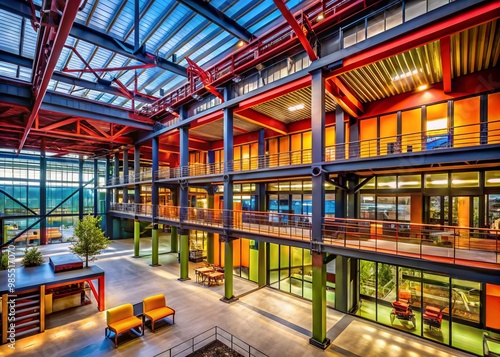 Modern Industrial Architecture Featuring Steel Beams, Large Windows, and Open Concept Spaces