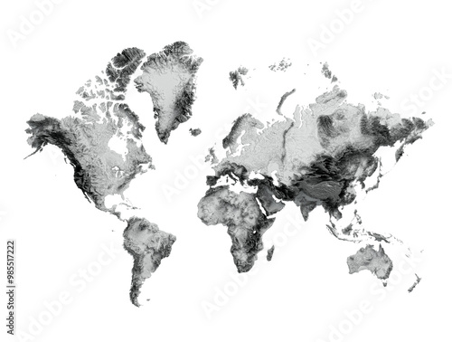 3d World Map Black And White Shaded Relief Hypsometric Map On White Background, 3d illustration
