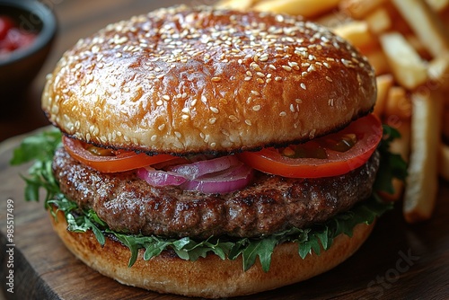 Gourmet Hamburger with Fresh Ingredients and Vibrant Colors on a Rustic Wooden Table Background