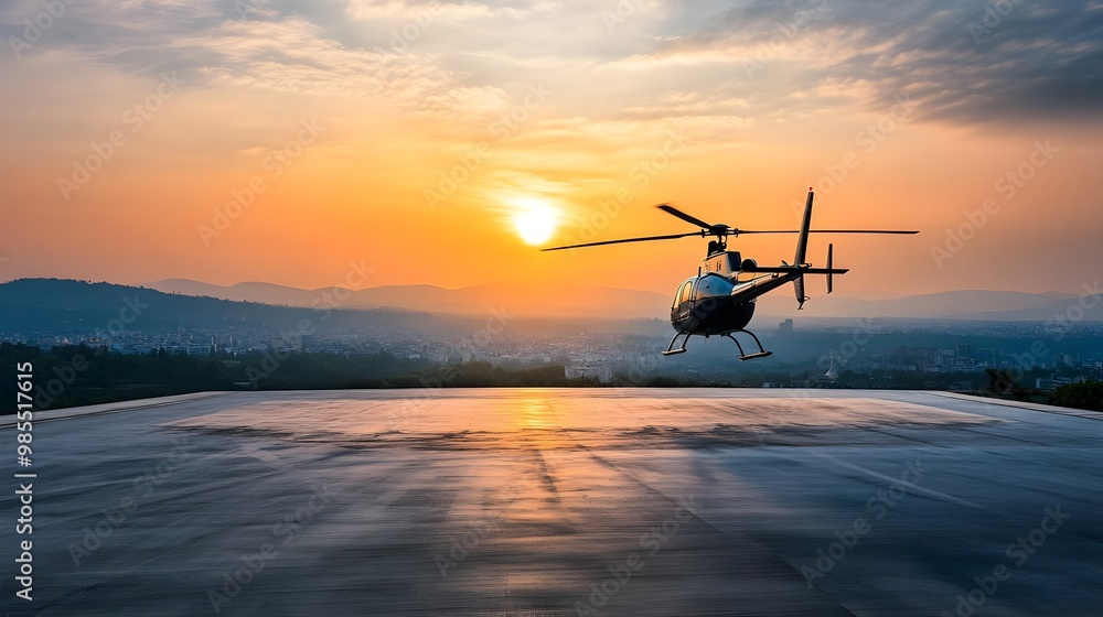 A helicopter takes off against a stunning sunset background, showcasing the beauty of aviation and nature in harmony. A helicopter takes off against a stunning sunset background, showcasing the beauty of aviation and nature in harmony.