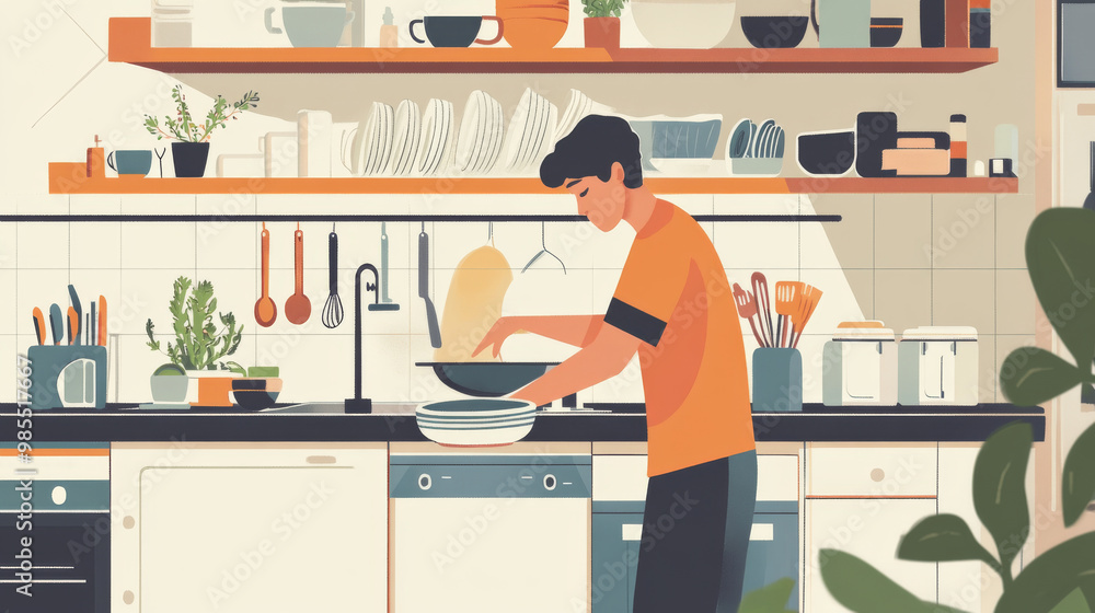 A man putting away dishes in a tidy kitchen, carefully placing them in cupboards, with everything in order around him, A man putting away dishes in a tidy kitchen, carefully placing them in cupboards, with everything in order around him,
