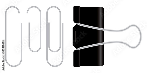 Set of binder and paper clip. Realistic silver metallic paper holder isolated on transparent.