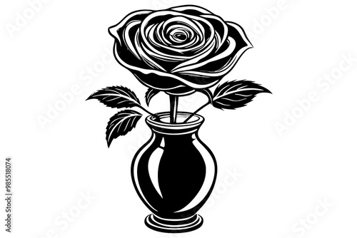 Cute rose in vase silhouette black linocut vector art illustration