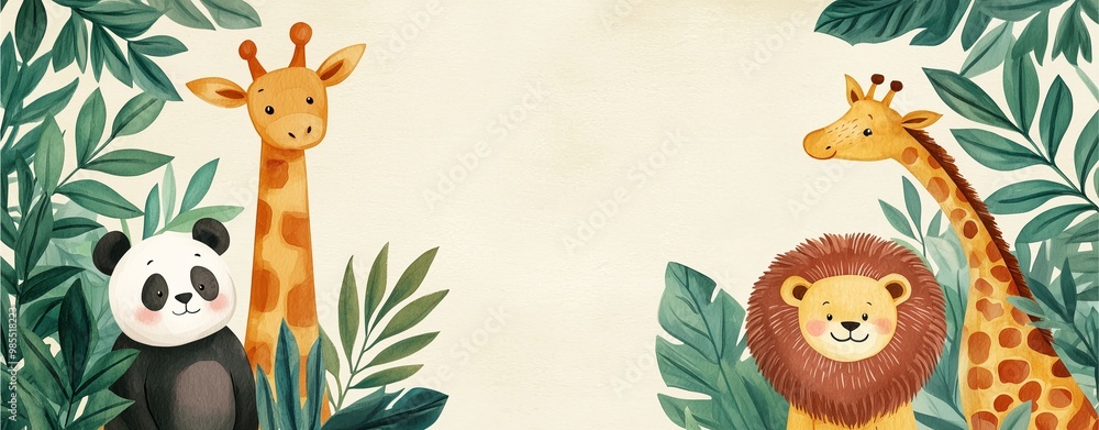 Panda, giraffe, and lion in a jungle scene surrounded by tropical plants and leaves. Panda, giraffe, and lion in a jungle scene surrounded by tropical plants and leaves.