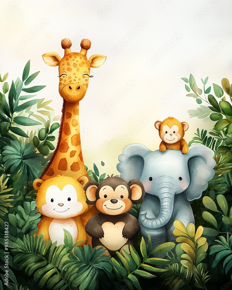 Group of jungle animals giraffe, elephant, monkey, and lion in a lush green forest. Group of jungle animals giraffe, elephant, monkey, and lion in a lush green forest.