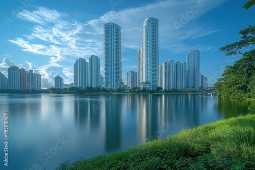 Stunning Vibrant City Skyline at Dusk with Tall Buildings and Brilliant Colorful Lights Reflected