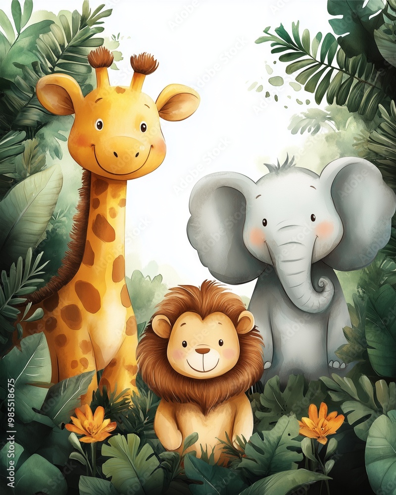 Naklejka premium Smiling giraffe, lion, and elephant in a vibrant jungle setting with green plants and orange flowers.