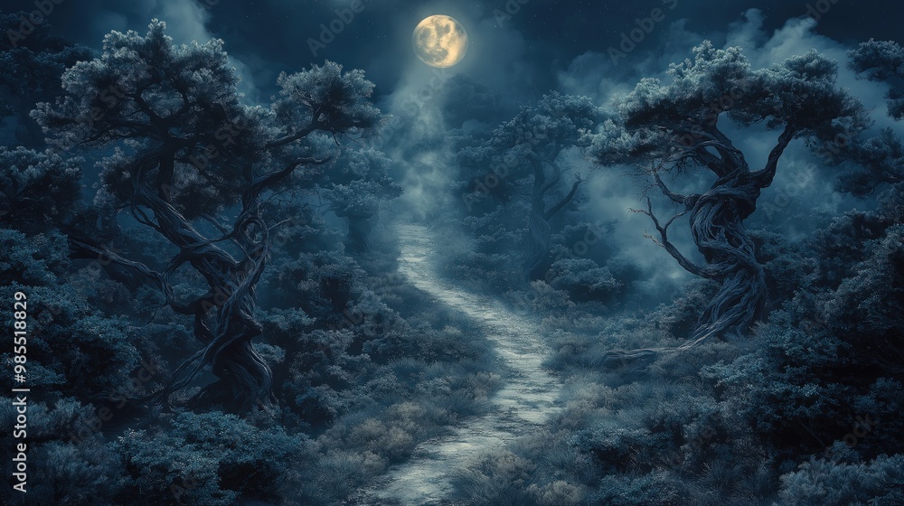 Mystical Forest Path Under Moonlight Mystical Forest Path Under Moonlight