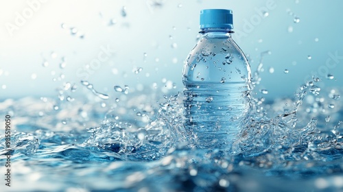 Product photography, close-up, bottle of water in water, light blue background