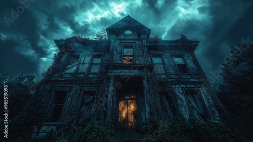 Eerie Abandoned House at Night with Dramatic Sky