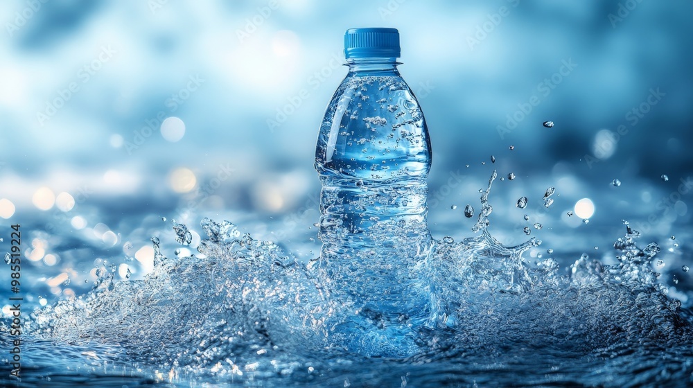 Product photography, close-up, bottle of water in water, light blue background Product photography, close-up, bottle of water in water, light blue background