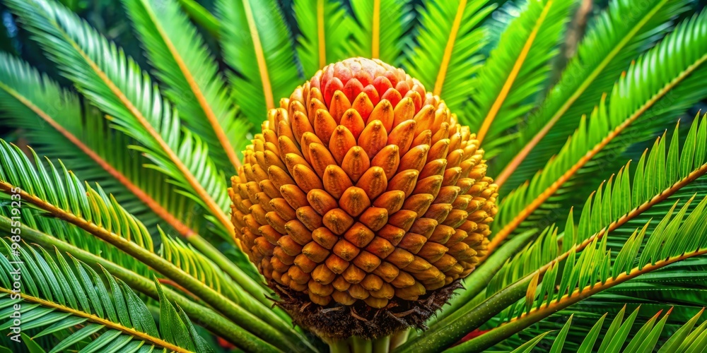 Sago palm fruit showcases a stunning array of rich colors and textures, beautifully contrasting with a lush green Sago palm fruit showcases a stunning array of rich colors and textures, beautifully contrasting with a lush green