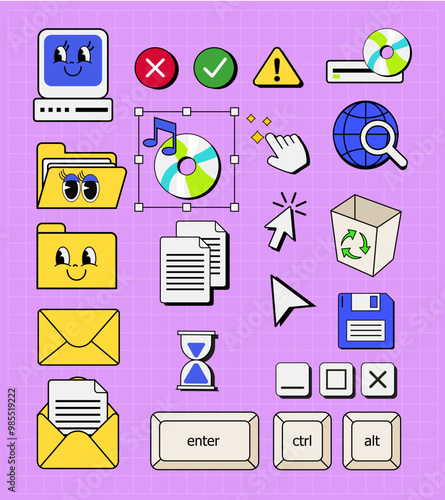 y2k style vector icon set of retro computer interface,
vintage and dialog window 90's, nostalgic os element 