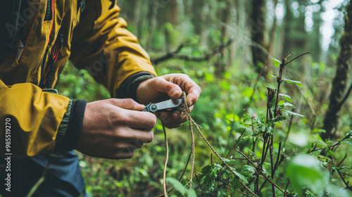 A hiker using a multitool to cut rope in the forest, illustrating practical survival skills in the wild.