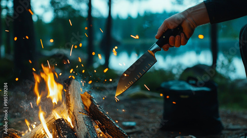 A survival knife being used to whittle wood near a campfire, with sparks flying and the forest setting in the background. photo