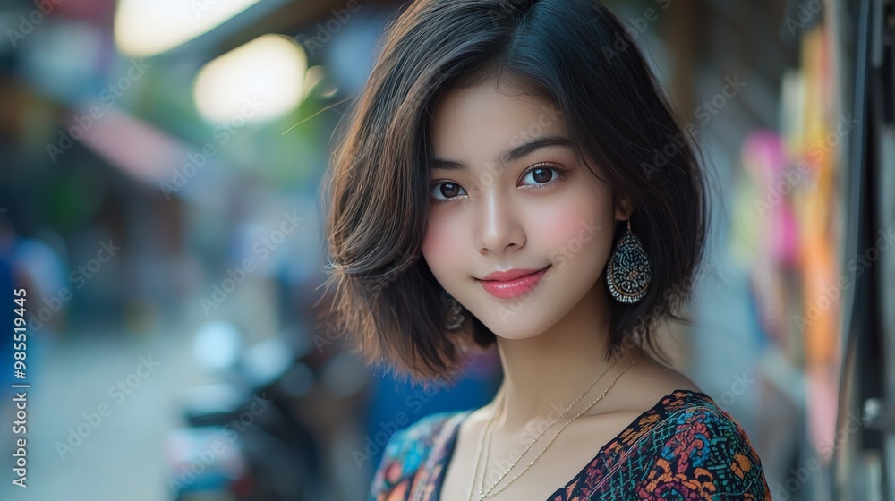 Portrait of a beautiful woman at the Modern Street fashion in Bangkok, with a fusion of traditional Thai patterns and contemporary styles worn by urban youth Portrait of a beautiful woman at the Modern Street fashion in Bangkok, with a fusion of traditional Thai patterns and contemporary styles worn by urban youth