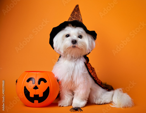 A photo of Maltese dog in a Halloween costume  sitting by a pumpkin candy can and a spider toy, orange background.