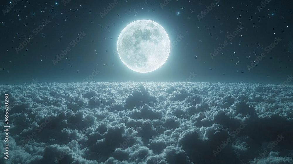 Fototapeta premium The full moon in the sky, above the clouds, is surrounded by a halo of light, and in the sky