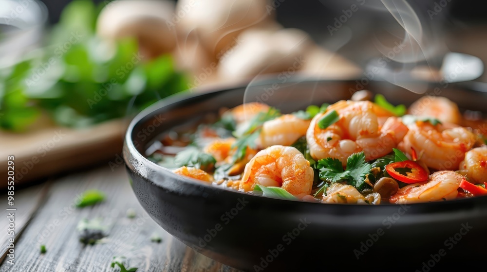 A steaming bowl of tom yum goong with shrimp and straw mushrooms. A steaming bowl of tom yum goong with shrimp and straw mushrooms.