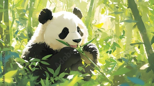 A serene image of a panda enjoying bamboo in a lush green setting, capturing the essence of wildlife and natural beauty. photo