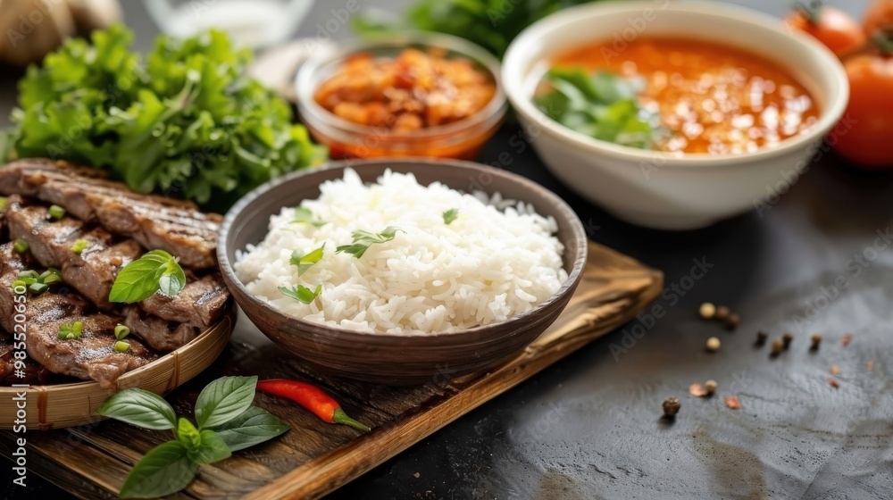 A rustic wooden table with grilled meats, sticky rice, and jaew sauce. A rustic wooden table with grilled meats, sticky rice, and jaew sauce.