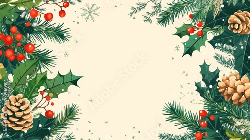 Winter themed vector background, including snowflakes, holly leaves, pine cones, and evergreen branches, designed in hand drawn style with evergreen tones.