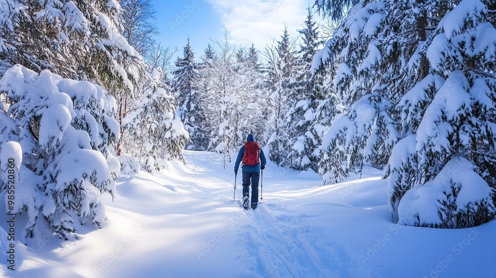 Snowshoer exploring a pristine snowy forest, capturing the serenity and thrill of winter exploration. Snowshoer exploring a pristine snowy forest, capturing the serenity and thrill of winter exploration.