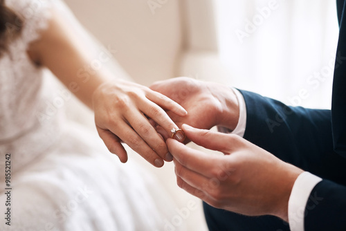 Rings, bride and groom holding hands for marriage, commitment and wedding ceremony together. Connection, couple and closeup of man and woman with love and romance celebration for relationship union.