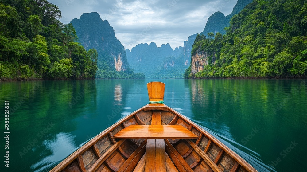 Wooden boat in front of a beautiful green forest and mountain landscape with a lake. Wooden boat in front of a beautiful green forest and mountain landscape with a lake.