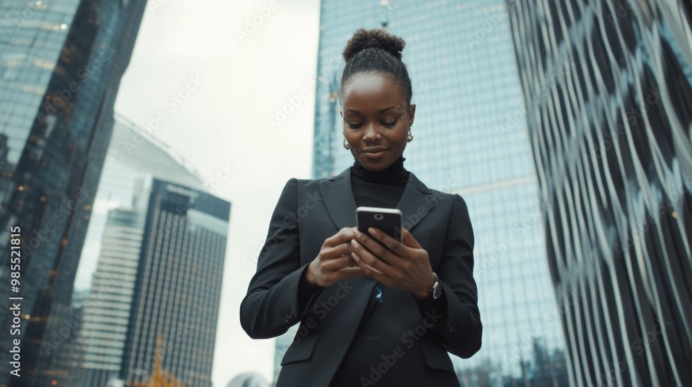 African Woman in Black Suit Checking Smartphone Amidst Modern City Skyscrapers African Woman in Black Suit Checking Smartphone Amidst Modern City Skyscrapers