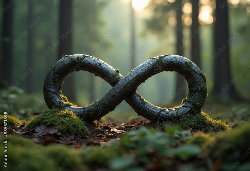A sleek, metallic infinity symbol on a forest landscape A sleek, metallic infinity symbol on a forest landscape